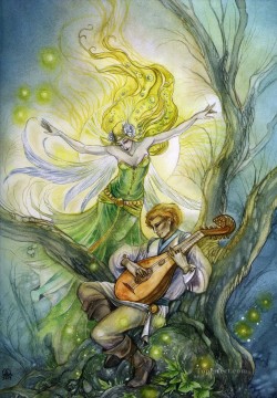 ファンタジー Painting - エイルドンの木の下の吟遊詩人のギター ファンタジー